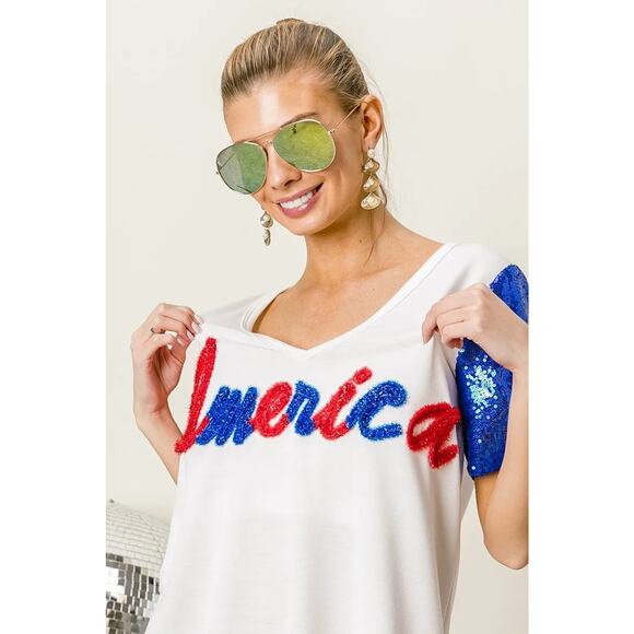 BiBi Metallic Letter V-Neckline Sequin Short Sleeves Relaxed Fit Top | Off White - Picture 10 of 11